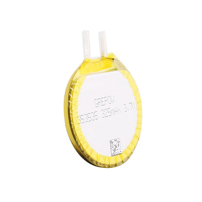 Grepow 3535035 round LiPo battery cell with solder tabs, labeled 325mAh 3.7V