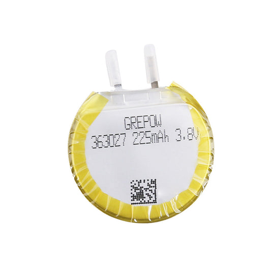 Grepow 3630027 3.8V 225mAh 1S LiPo Battery, Grepow 3630027 round 1S LiPo battery labeled 225mAh 3.8V with two top terminals