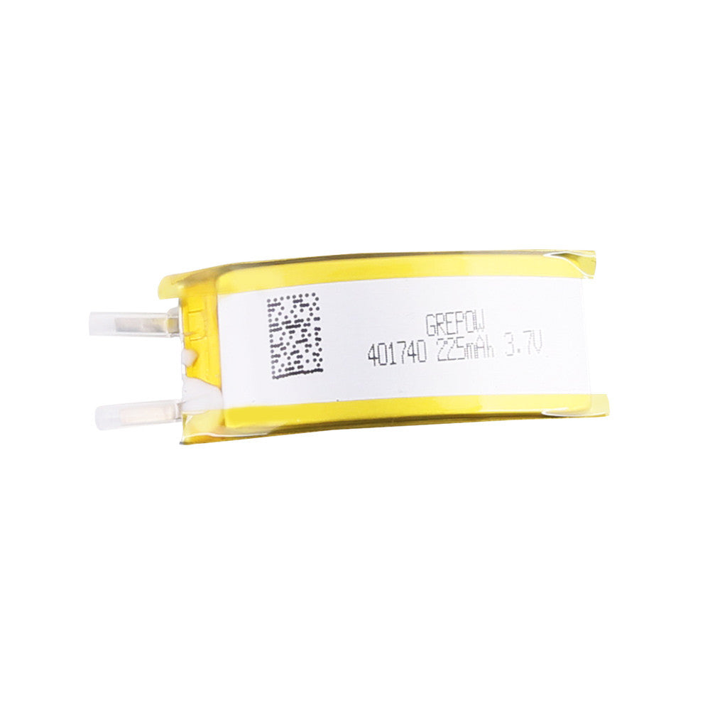 Grepow 401740 curved 3.7V 225mAh LiPo battery cell wrapped in yellow tape with two lead tabs