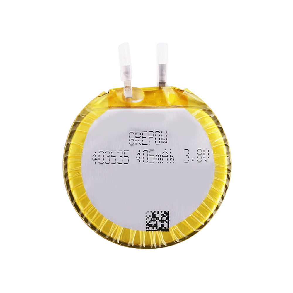 Grepow 4035035 3.8V 405mAh LiPo Battery, Grepow 4035035 round LiPo battery cell labeled 405mAh 3.8V with two tab terminals and protective wrap