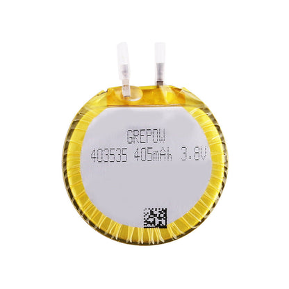 Grepow 4035035 3.8V 405mAh LiPo Battery, Grepow 4035035 round LiPo battery cell labeled 405mAh 3.8V with two tab terminals and protective wrap