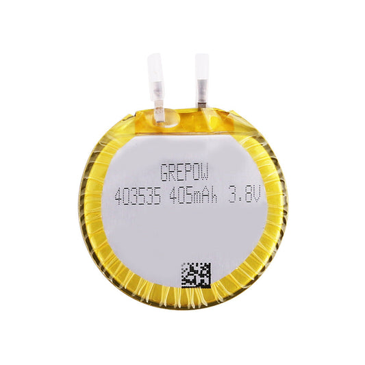 Grepow 4035035 3.8V 405mAh LiPo Battery, Grepow 4035035 round LiPo battery cell labeled 405mAh 3.8V with two tab terminals and protective wrap