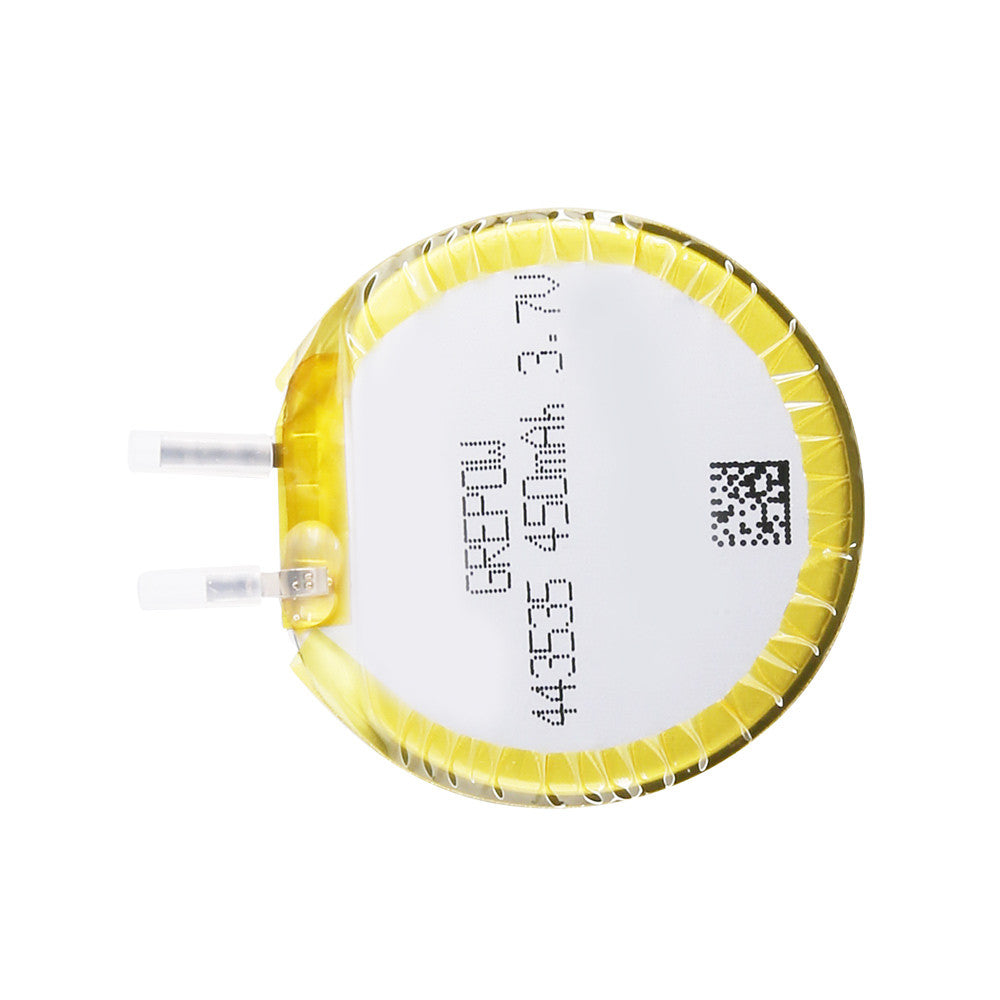 Grepow 4435035 3.7V 450mAh LiPo Battery, Grepow round 3.7V 450mAh LiPo battery cell with yellow wrap, printed label, and two solder tabs