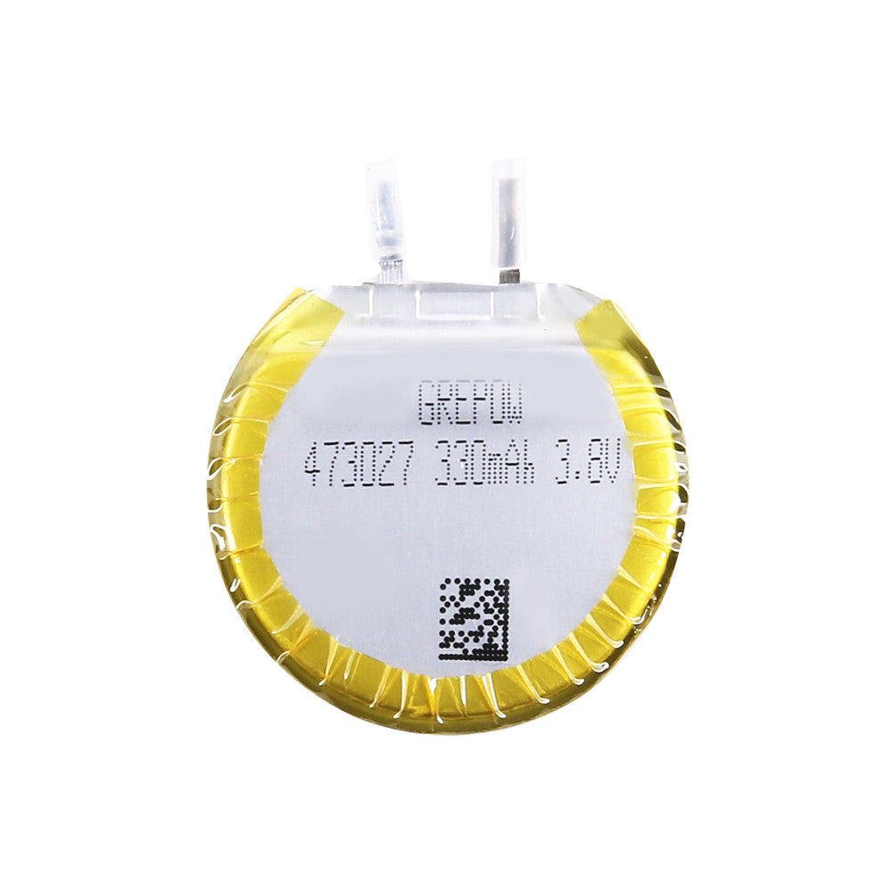 Grepow 4730027 LiPo Battery, Grepow round LiPo battery cell labeled 4730027, 330mAh 3.8V, with two tab terminals and protective wrap