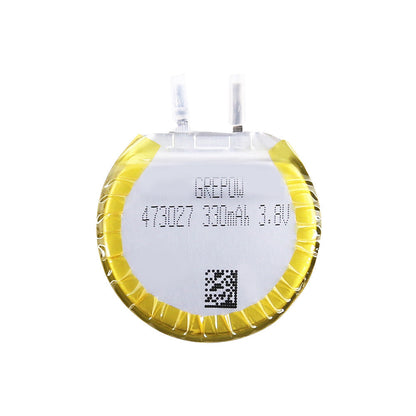 Grepow 4730027 LiPo Battery, Grepow round LiPo battery cell labeled 4730027, 330mAh 3.8V, with two tab terminals and protective wrap