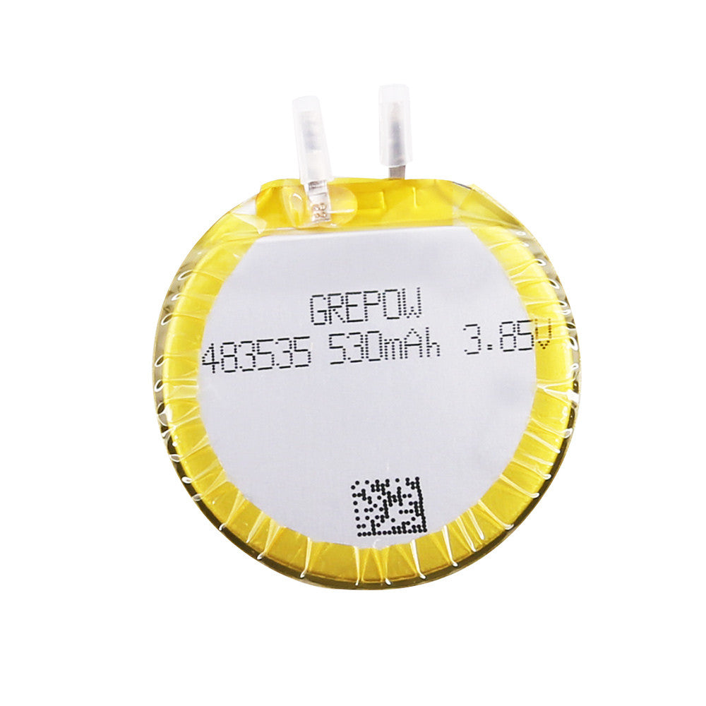 Grepow 4835035 3.85V 530mAh LiPo Battery, Grepow 483535 round LiPo battery cell labeled 530mAh 3.85V with two connector tabs on top