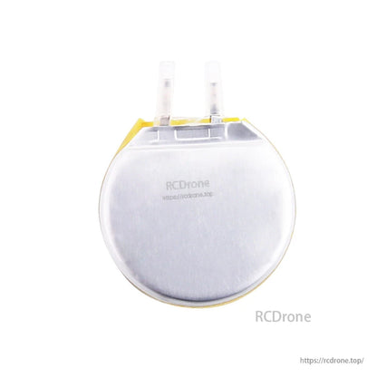 Round Grepow 3.7V 300mAh 1S LiPo battery with two terminal tabs and yellow insulating tape