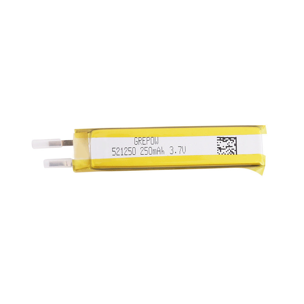 Grepow 521250 250mAh 3.7V 1S LiPo battery pack in yellow wrap with label and two lead wires