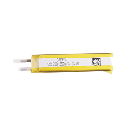 Grepow 521250 250mAh 3.7V 1S LiPo battery pack in yellow wrap with label and two lead wires