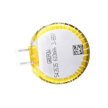 Grepow 5435035 LiPo Battery, Grepow 5435035 3.7V LiPo battery pouch cell with yellow wrap, QR code, and two lead terminals