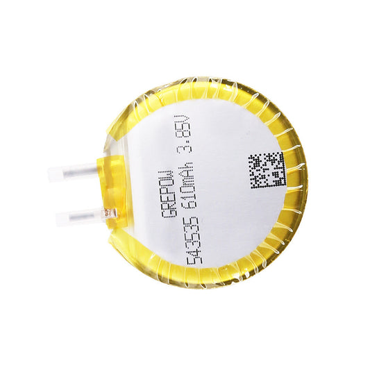 Grepow 5435035 LiPo Battery, Grepow 5435035 3.7V LiPo battery pouch cell with yellow wrap, QR code, and two lead terminals