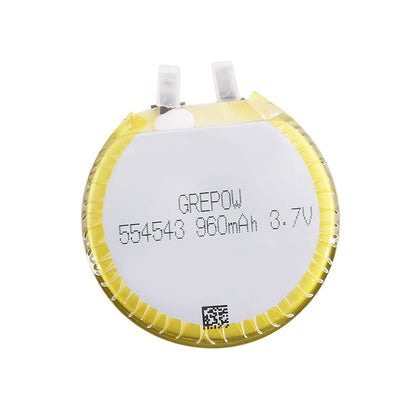 Grepow 554543 round 1S LiPo battery pack with solder tabs, labeled 960mAh 3.7V