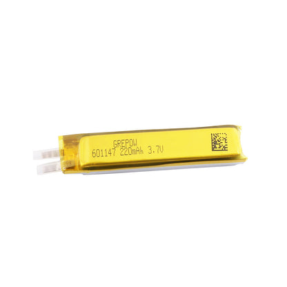 Grepow 6011047 3.7V 220mAh 1S1P LiPo Battery, Grepow 6011047 3.7V 220mAh LiPo pouch battery with solder tabs, labeled “GREPOW 601147 220mAh 3.7V”