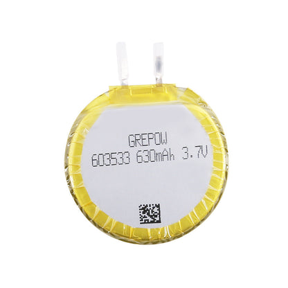 Grepow 6035033 LiPo Battery, Grepow 603503 round LiPo battery pack labeled 630mAh 3.7V with two metal tabs and yellow wrap