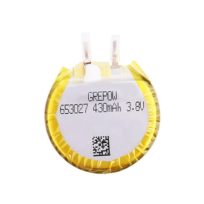 Grepow 6530027 3.8V 430mAh LiPo Battery, Grepow 653027 3.8V 430mAh LiPo battery cell with solder tabs and printed label on round pack