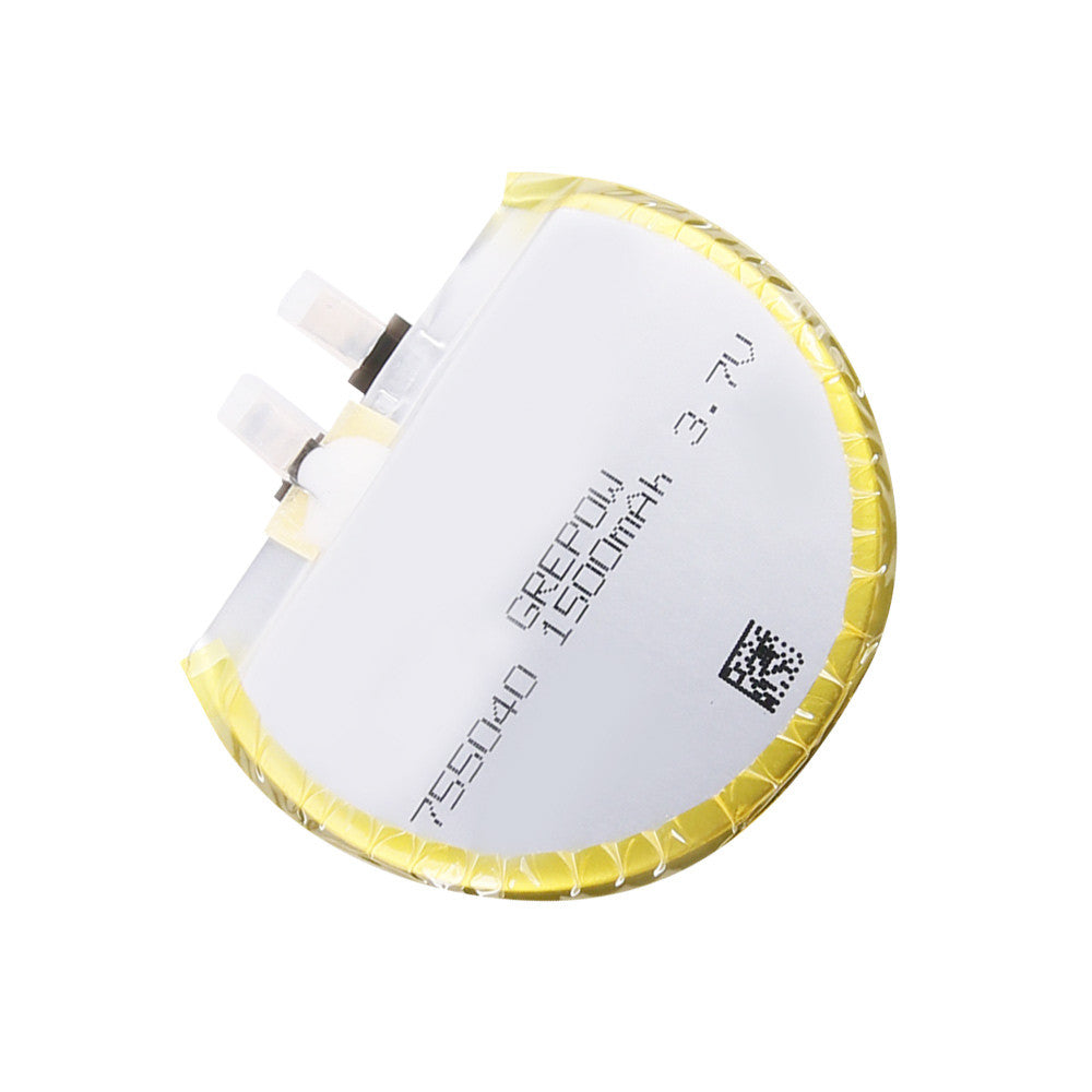 Grepow 7550040 3.7V 1500mAh 1S1P LiPo Battery, Round Grepow 1500mAh 3.7V LiPo battery pack with dual terminal tabs and white casing
