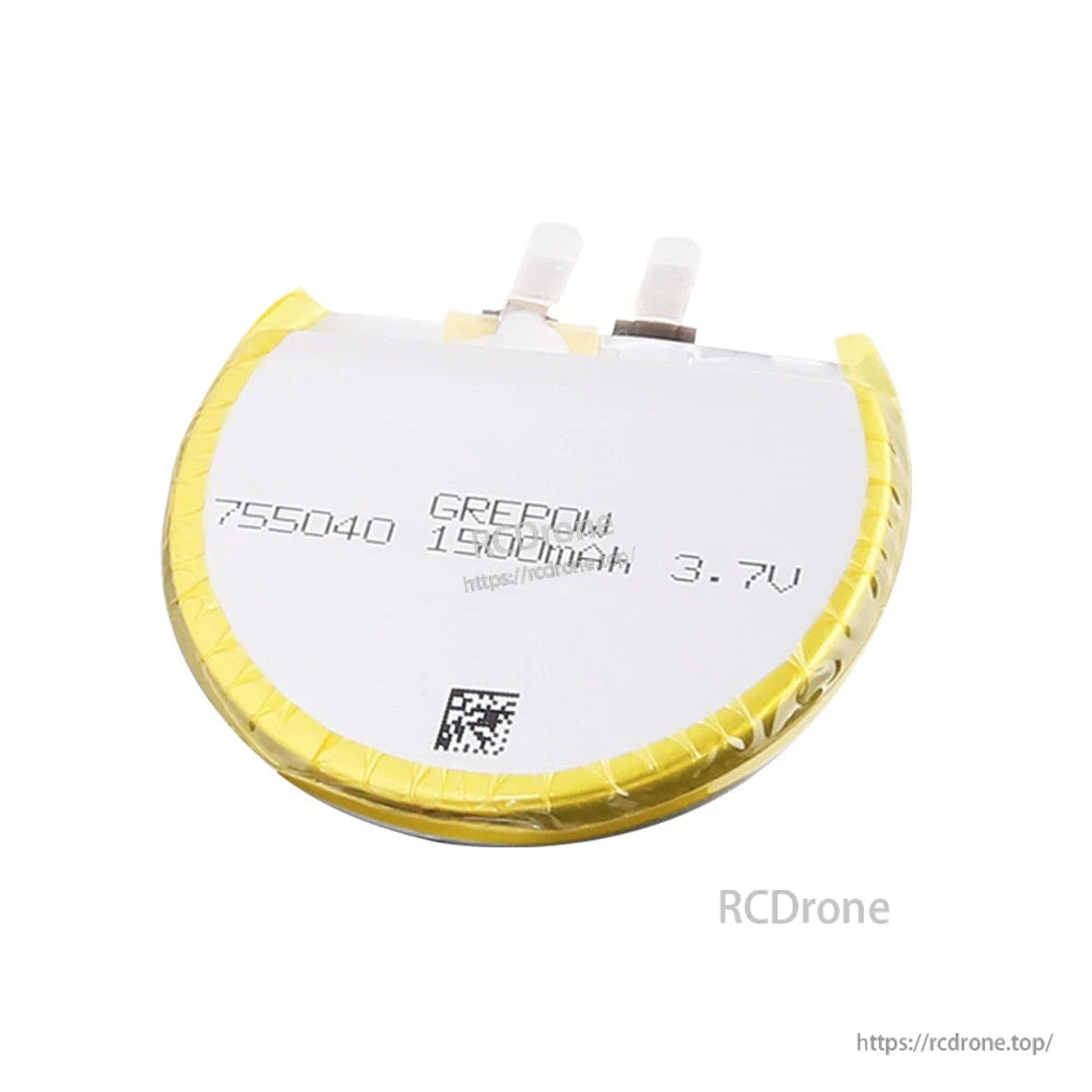 Grepow 7550040 3.7V 1500mAh 1S1P LiPo Battery, Grepow 755040 round LiPo battery cell labeled 3.7V 1500mAh with two solder tabs and yellow edge wrap