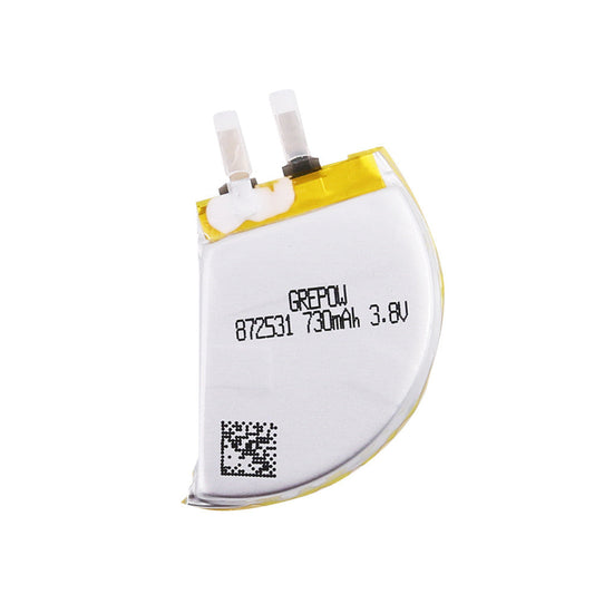 Grepow 8725031 LiPo Battery, Grepow 872531 730mAh 3.8V LiPo battery pouch cell with curved shape, dual terminals, and QR code label