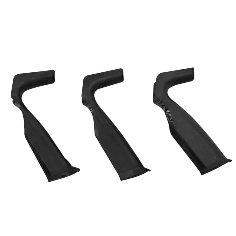 Futaba T10PX RC transmitter black rubber grip set, three sizes shown in angled side view