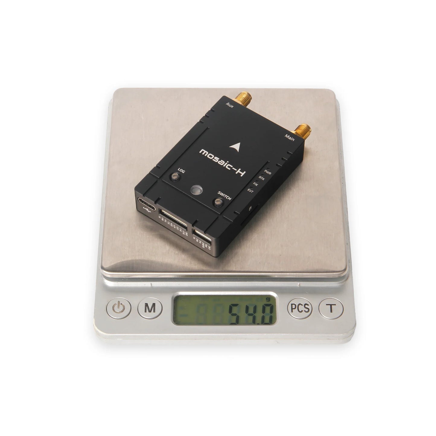 Holybro H-RTK Mosaic-H Dual-Antenna RTK GPS, Mosaic-H RTK GPS on scale, displaying 54.0 grams weight.