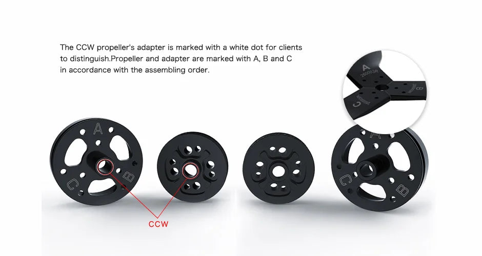 T-Motor profession CF G26*8.5 Prop, CCW propeller's adapter is marked with white dot for clients to distinguish Prop