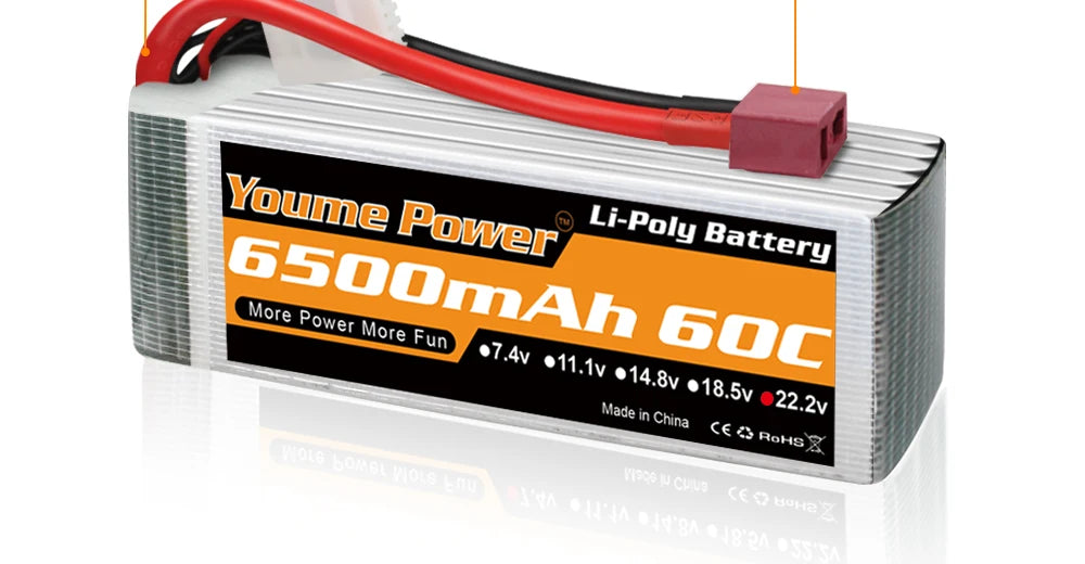 2PCS Youme 22.2V 6S Lipo Battery, Youmne Power Li-Poly Battery 65OmAh More Power 6OC More Fun