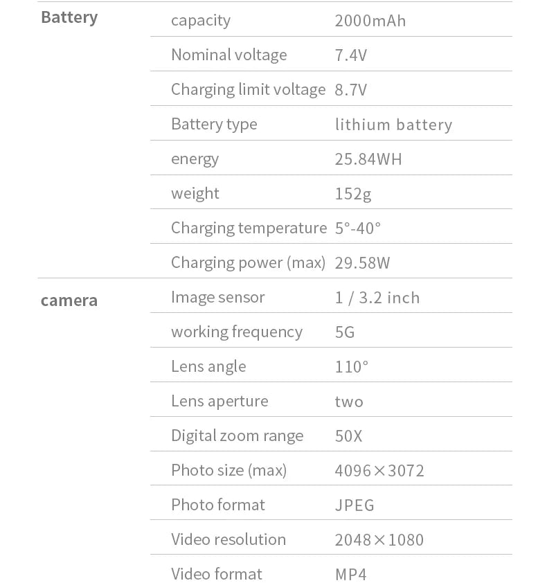 X2 Pro3 Drone, Battery capacity 2000mAh Nominal voltage 7.4V Charging limit voltage 8.7V Battery