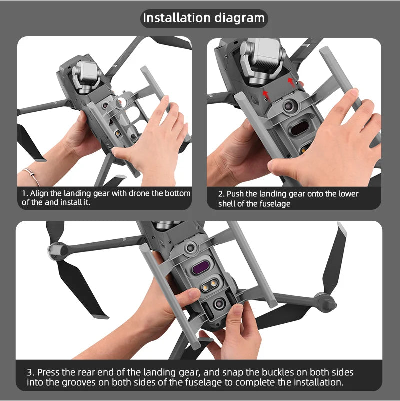 Quick Release Landing Gear, installation diagram Align the landing gear with drone the bottom 2 . snap the buckles on