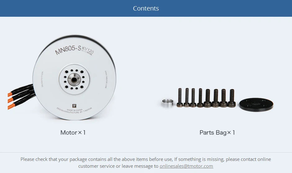T-motor MN805-S KV120 KV150 170KV 16KG Thrust Brushless Electric Motor For VTOL Water Proof Heavy Lifting Aircraft Multirotor 22 T-motor, if something is missing, please contact online customer service or leave message to onlnesales