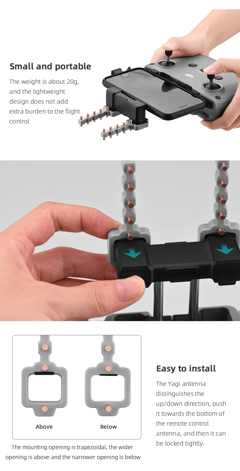Yagi Antenna Signal Booster Strengthen for DJI Mavic 3/Air 2/2S Mini 2 Drone Remote Controller Signal Range Extender Accessory 17 Yagi Antenna, the weight is about 20g, and the lightweight design does not add extra burden to the flight