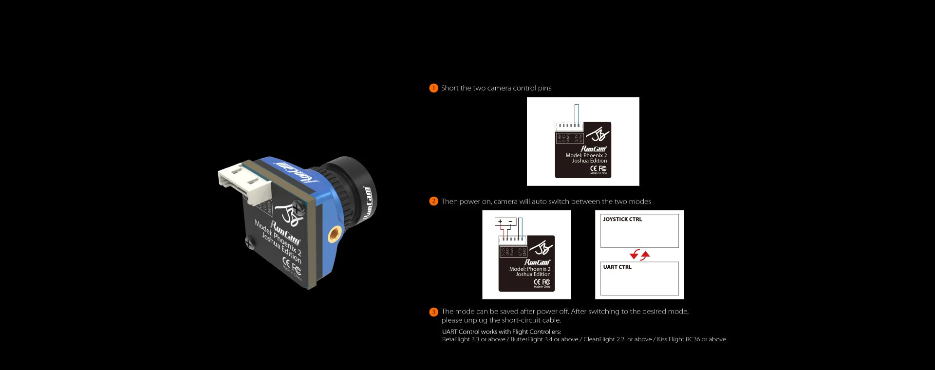 RunCam Phoenix 2 Analog FPV Camera, camera will automatically switch between two control pins when camera is powered on .