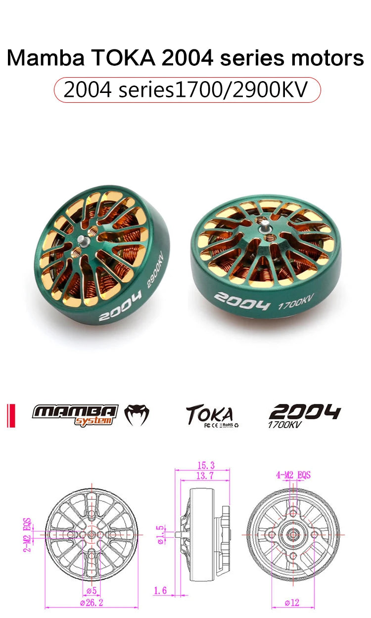 DIATONE MAMBA TOKA 2004 1700KV/2900KV Brushless Motor Racing Motor Green For Racing 3-5inch Toothpick Micro Range Drones RC FPV 12 Mamba Toka 2004 1700kv 2900kv Brushless Motor Green Parameter