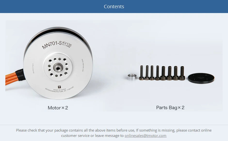 2Pcs/Set T-motor MN701-S KV135 KV280 Brushless Motor IP55 9.4KG+ Thrust For Multirotor Quadcopter UAV Aircraft RC Drone 25 2Pcs/Set T-motor, if something is missing, please contact online customer service or leave message t0 onlines