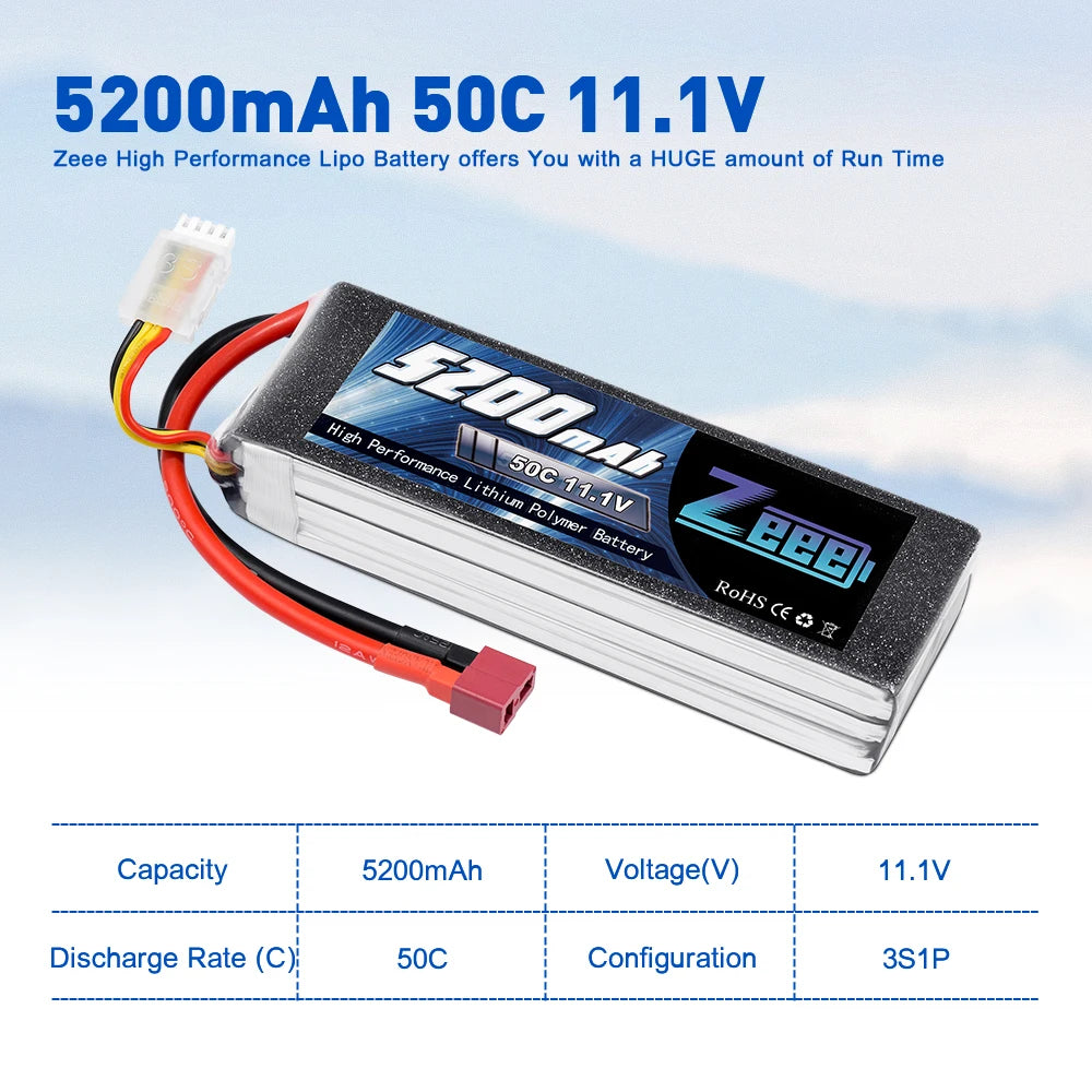 Zeee 3S 5200mAh Battery, 5200mAh 50C 11.1V Zeee High Performance Lipo Battery offers HUGE