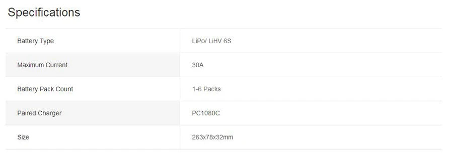 SKYRC G630 Charging Hub - Charging Management System Paired PC1080 Charger for UAV/Agricultural Drone Batteries 6 in 1 8 SKYRC G630 Charging Hub, Specifications LiPol LiHV 6S Maximum Current 30A Battery Pack Count 1-6