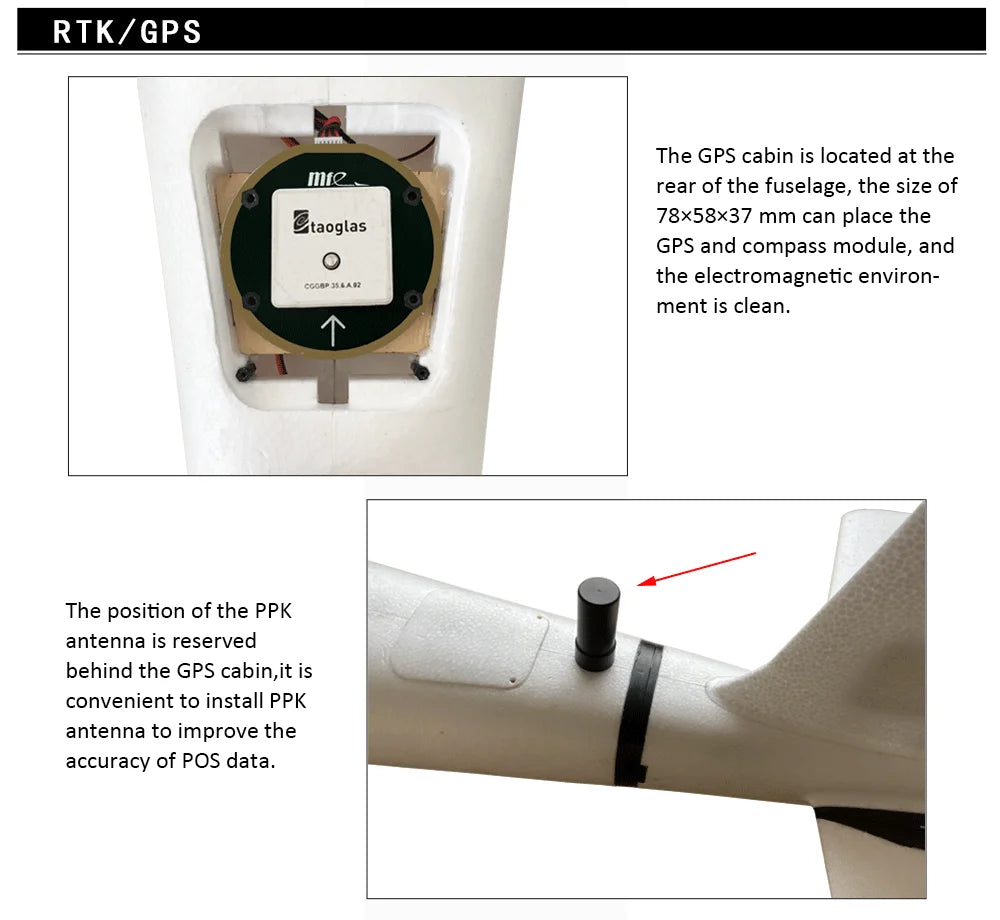 Makeflyeasy Striver (VTOL Version), the position of the PPK antenna is reserved behind the GPS cabin . it is convenient to