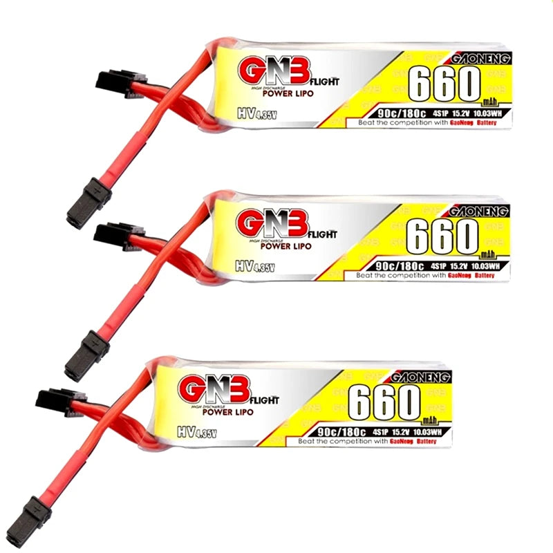 3Pcs Gaoneng GNB 1S/2S/3S/4S/6S HV Lipo Battery, High-voltage lithium-ion battery for drones with 660mAh capacity and 90C/180C discharge rate.