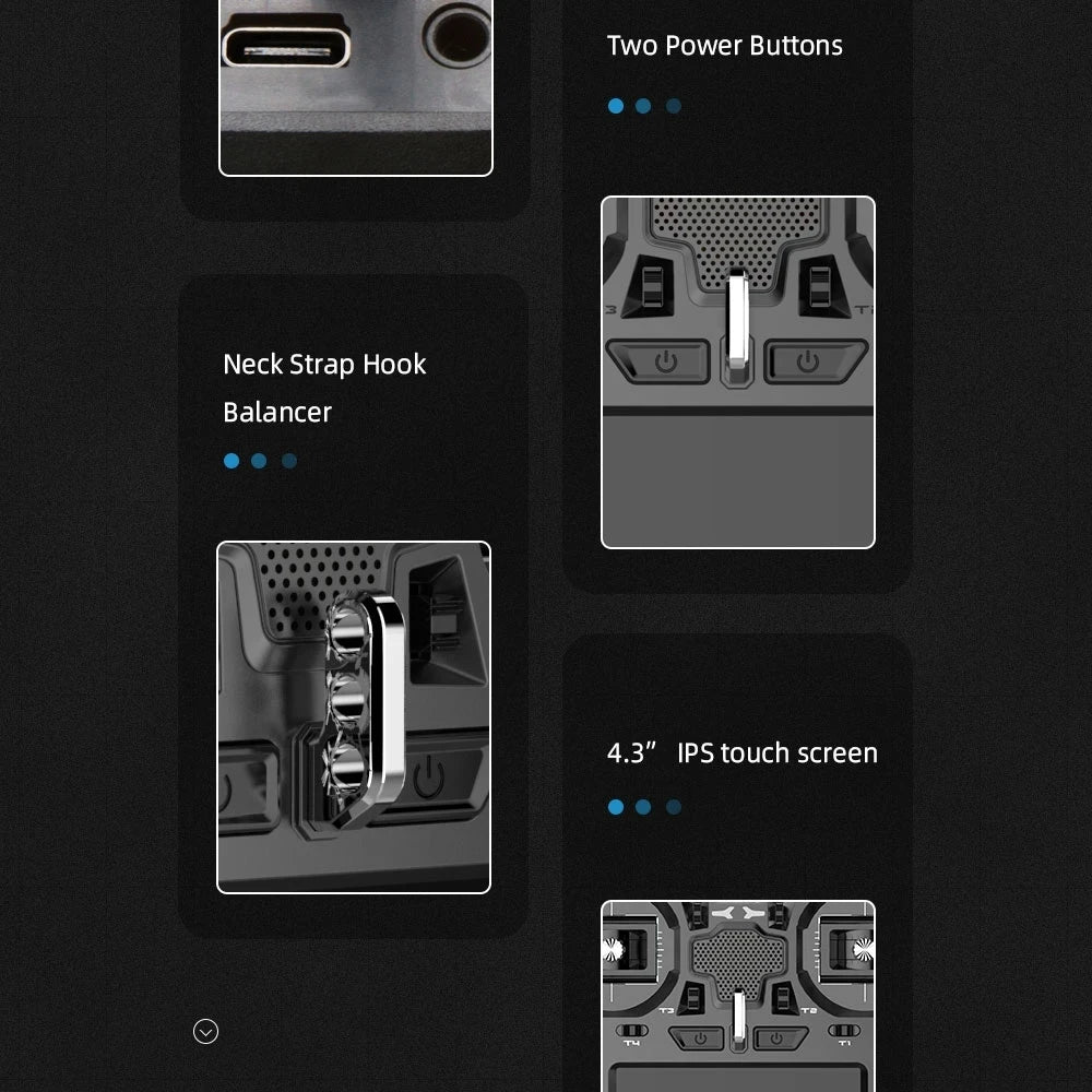 RadioKing TX18S/Lite Transmitter, Two Power Buttons Neck Strap Hook Balancer 4.3" IPS touch