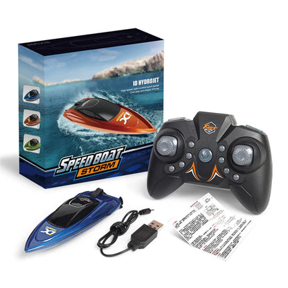 Mini RC Boat, Mini RC boat with 5km/h speed, dual motors, and various features.