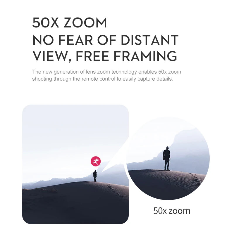 AE3 Pro Max Drone, lens zoom technology enables 5Ox zoom shooting through the remote control to easily capture details