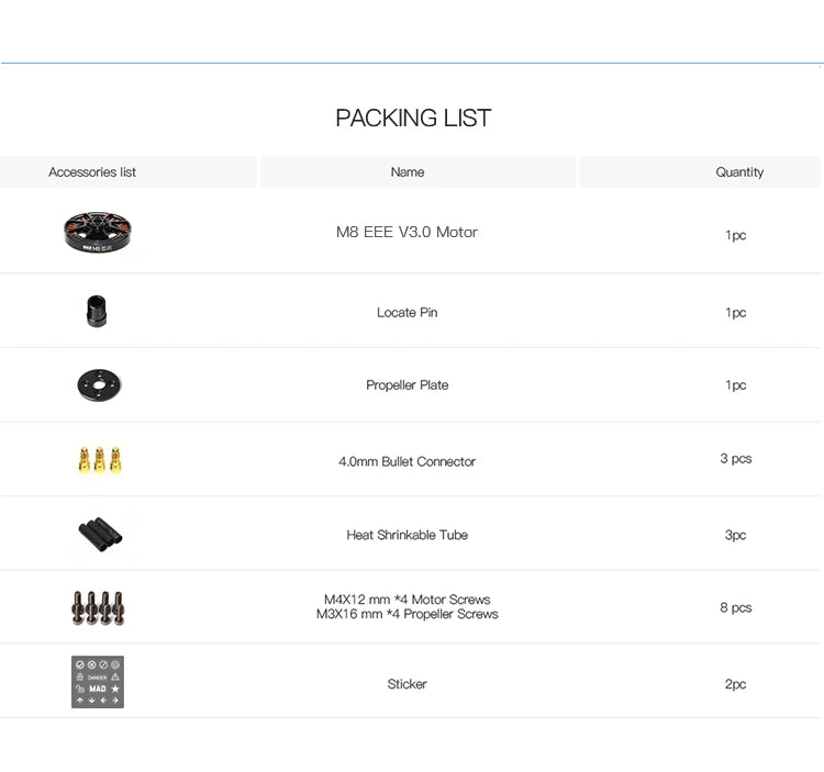 MAD M8C08 8108 EEE V3 Drone Motor, Packaging for MAD M8C08 EEE V3.0 Drone Motor: motor, accessories, and documentation.