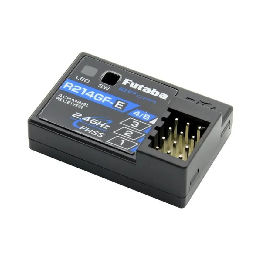 Futaba R214GF-E receiver supports 2.4GHz and has 4 channels, built-in antenna, and S-FHSS HV technology for RC car use.