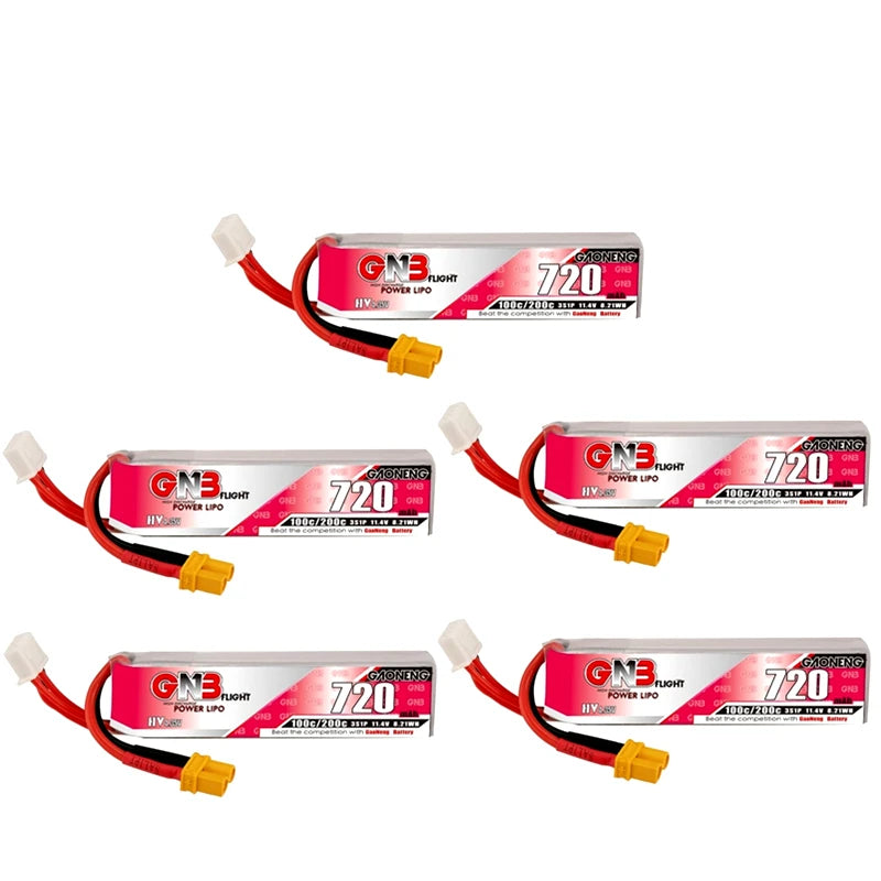 GAONENG Lipo batteries for FPV drones: 5pcs/6S options with max 720mAh capacity and high-voltage design.