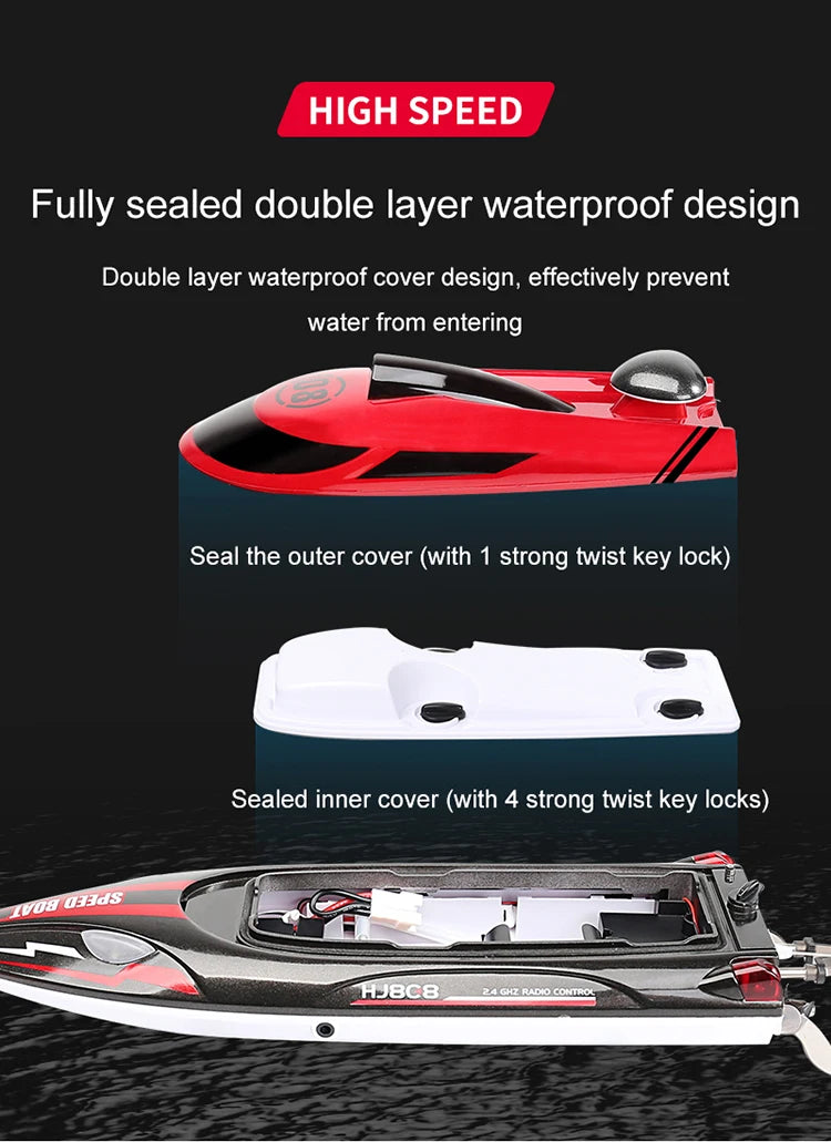 HJ808 RC Boat, HIGH SPEED Fully sealed double layer waterproof cover design, effectively prevent water from entering .