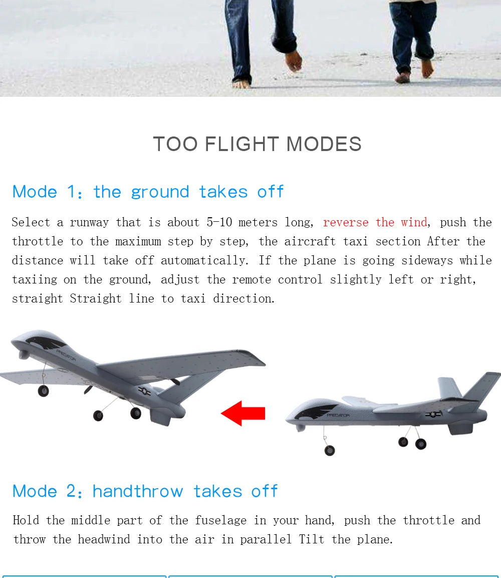 RC plane Z51- 2.4G 2CH Foam Glider RC Airplane, mode 1: the ground takes off Select a runway that is about 5-10 meters long,