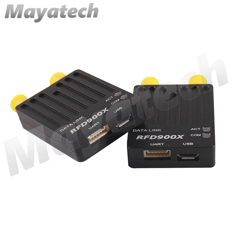 Mayatech Metal Shell RFD900X, Long-range data transmission module for UAVs with durable metal shell and UART/USB connectivity.