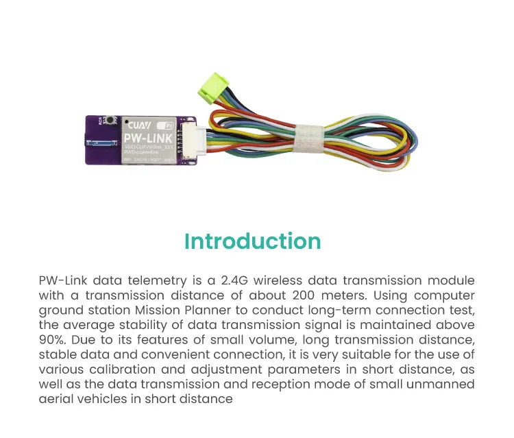 CUAV PW-LINK Wifi Telemetry, the average stability of data transmission signal is maintained above 90% Due to its features of small volume;