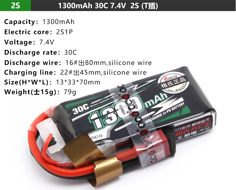 Gens ACE Lipo Battery, 1300mAh 30C 7.4V 2S (Tizi) Capacity: 1