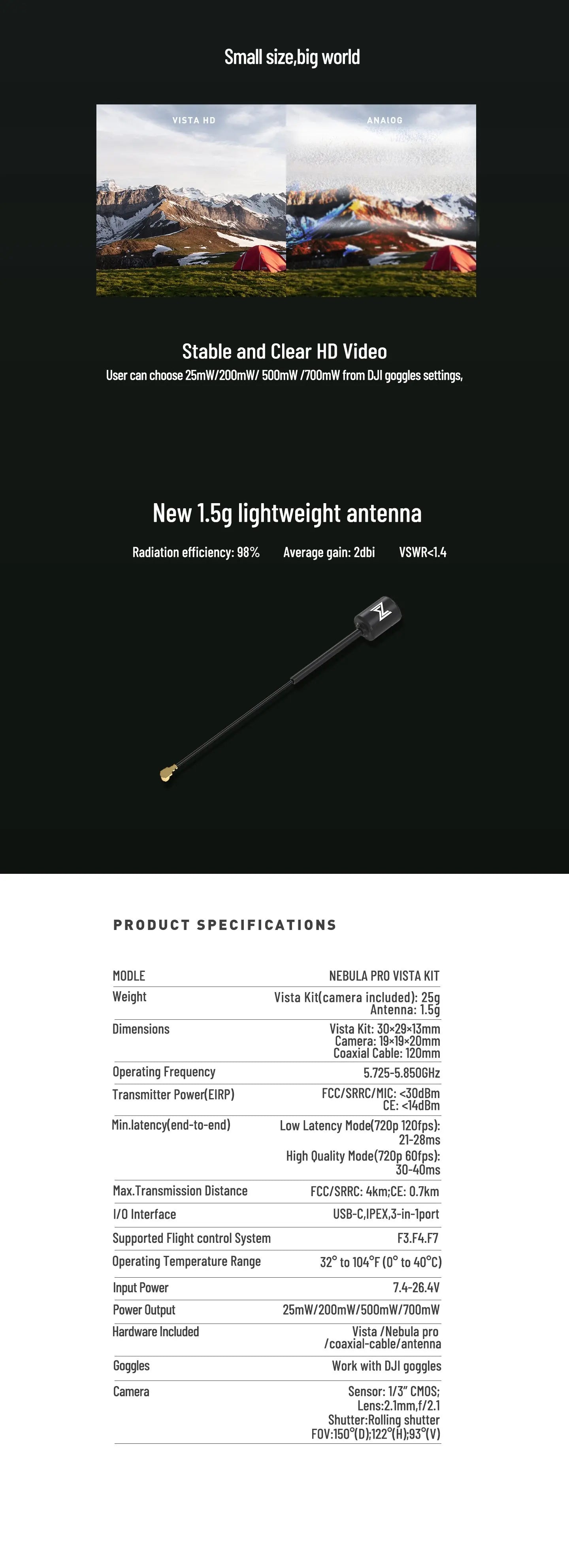 Caddx Nebula Pro Vista Kit Cameras 720p/120fps HD Digital 5.8GHz FPV Transmitter 2.1mm 150 Degree FPV Camera for RC Mini Drone 9 small size big world VISTA HD ANAIOG Stable and Clear HD Video User