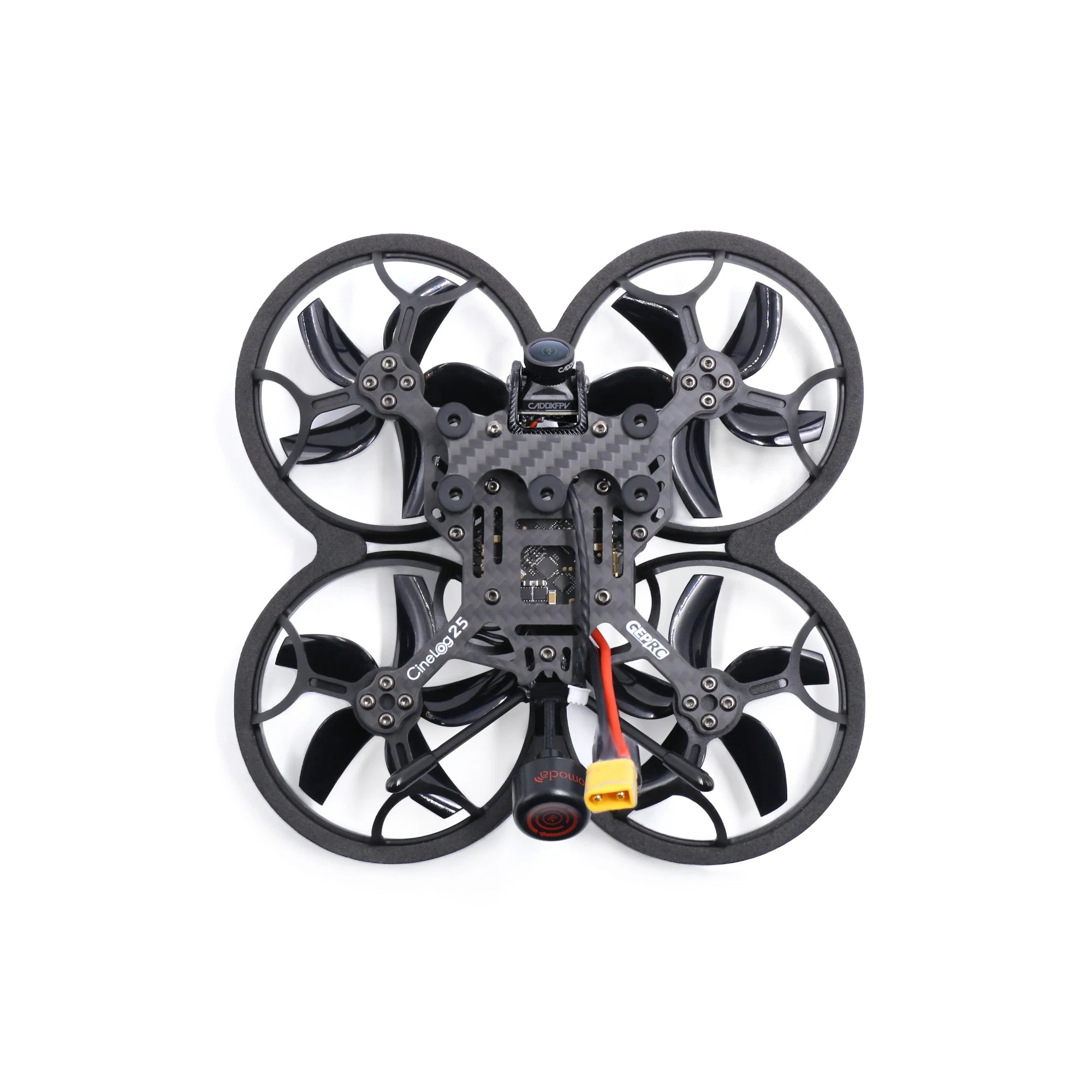 GEPRC CineLog25 Analog CineWhoop Drone, a low center of gravity "pusher-style" inverted frame, increased efficiency at